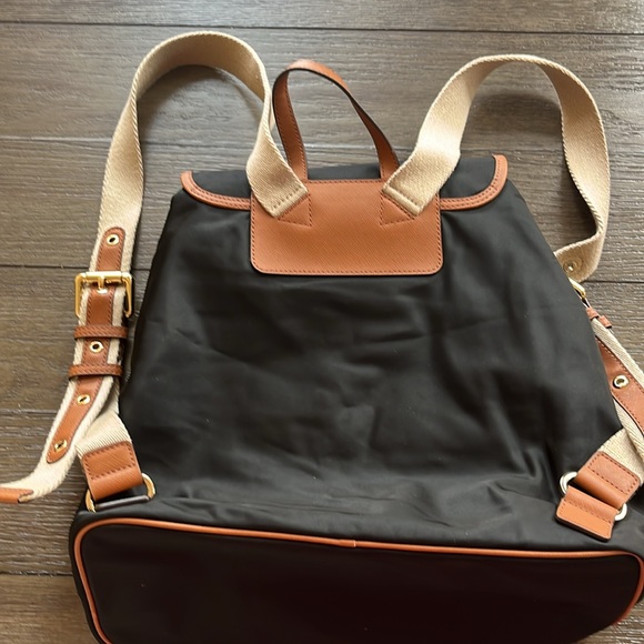 Michael Kors Black Nylon Backpack Bag with Brown Trim and Cream Canvas Straps - Picture 2 of 8